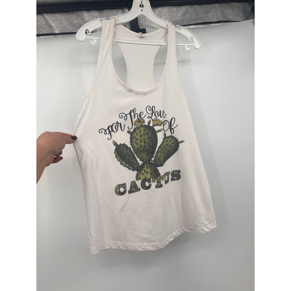 Womens White Tank Top Lg "For the Love of Cactus" Rhinestones Razorback Casual